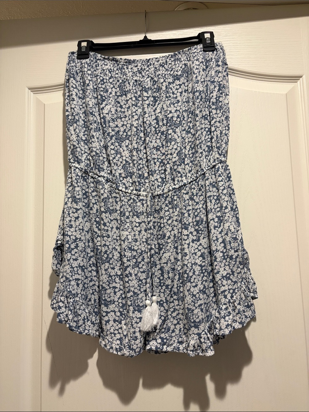 Blue Floral Ruffled Skater Skirt with Tassel Tie